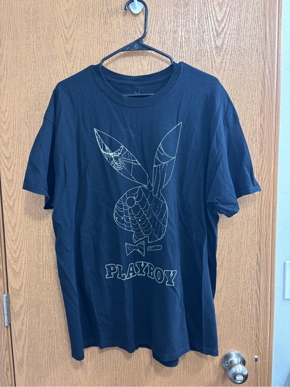 PLAYBOY Black Short Sleeve Oversized Tee with Outline Bunny Graphic